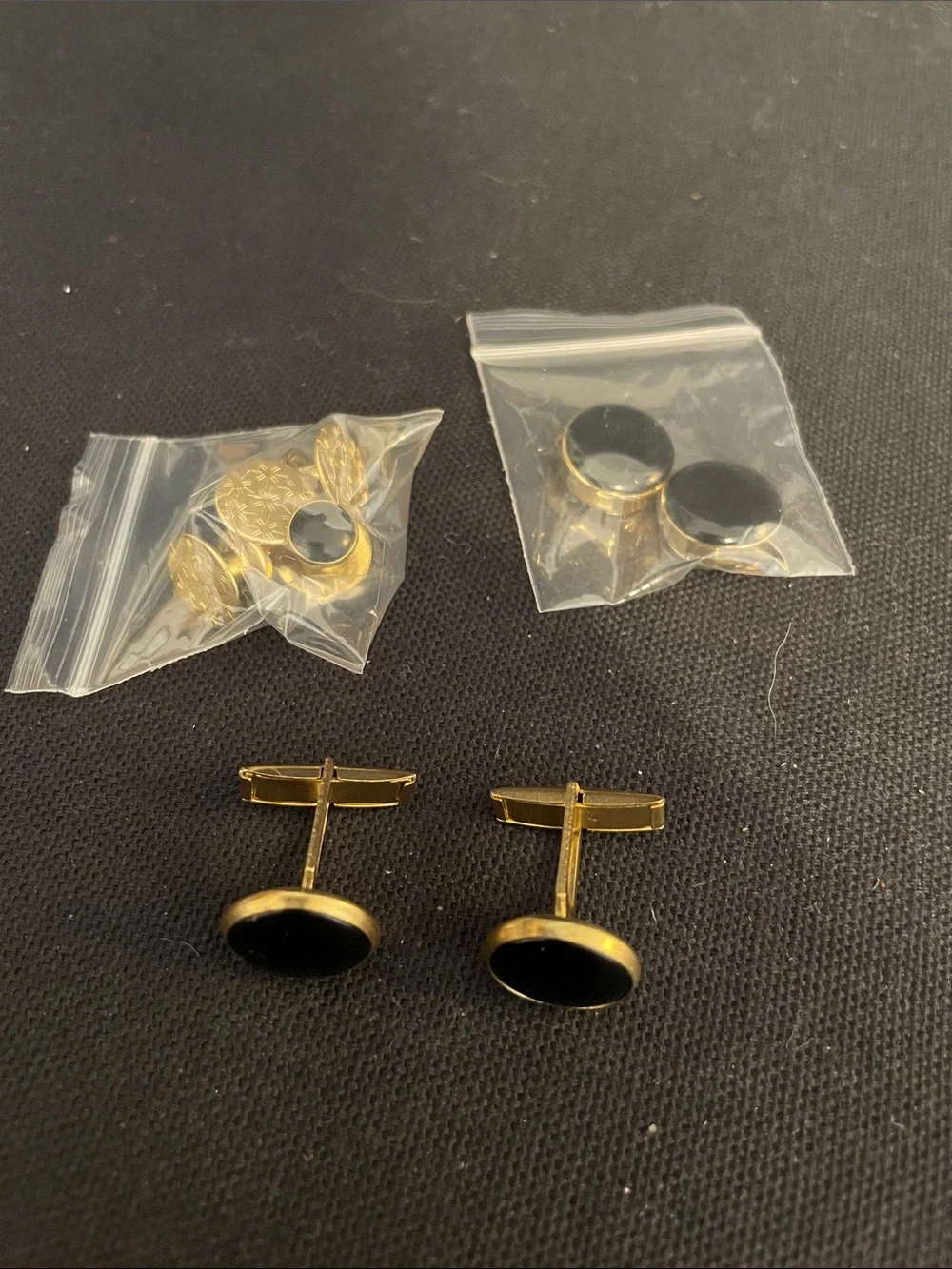 Gold-Tone Cufflinks & Button Set with Black Inset  - Men's Dress Accessory